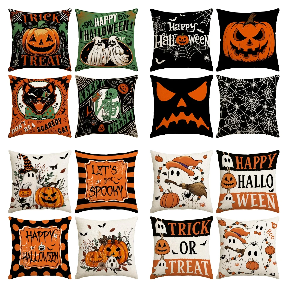 4pcs Retro Pumpkin, Ghost, Black Cat, Skull Printed Cushion Cover, Halloween Decorative Sofa Accessories (without Pillow Core)