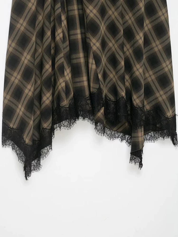 Women New Plaid Lace Long Skirts Loose Pleated Buttons High Waist A-line Female Skirt Autumn Lady Skirts