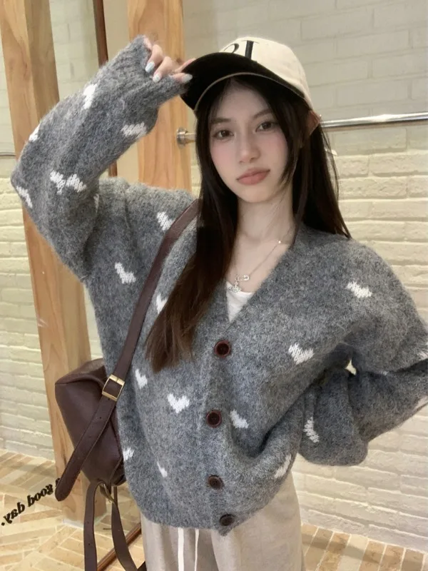 

Корейский вязаный открытый кардиган с v-образным вырезом, женский свитер с узором «любовь», джет, свободный крой, осень-зима, Новое поступление, милый Sle