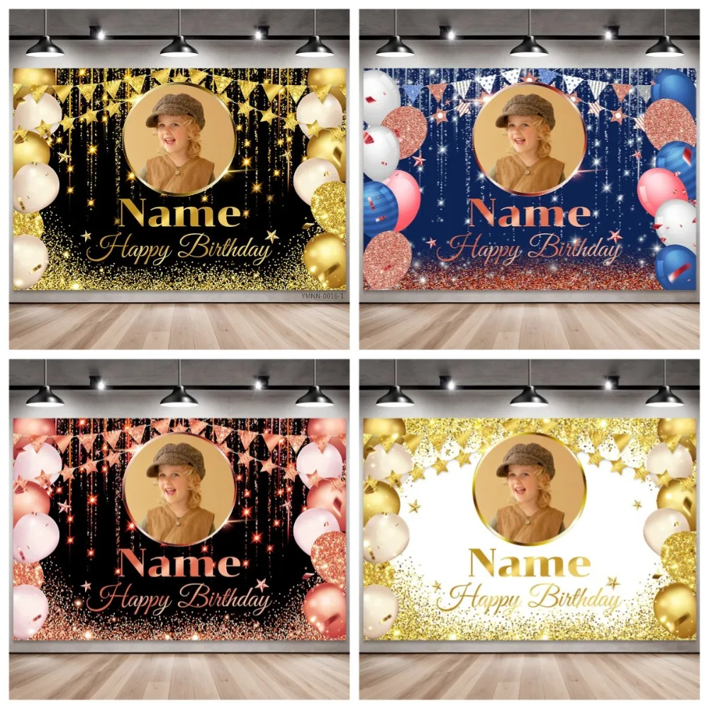 Custom Photo Name on Birthday Backdrop Black Gold Background Personalized Banner with Glitter Lights for Party Wall Decoration