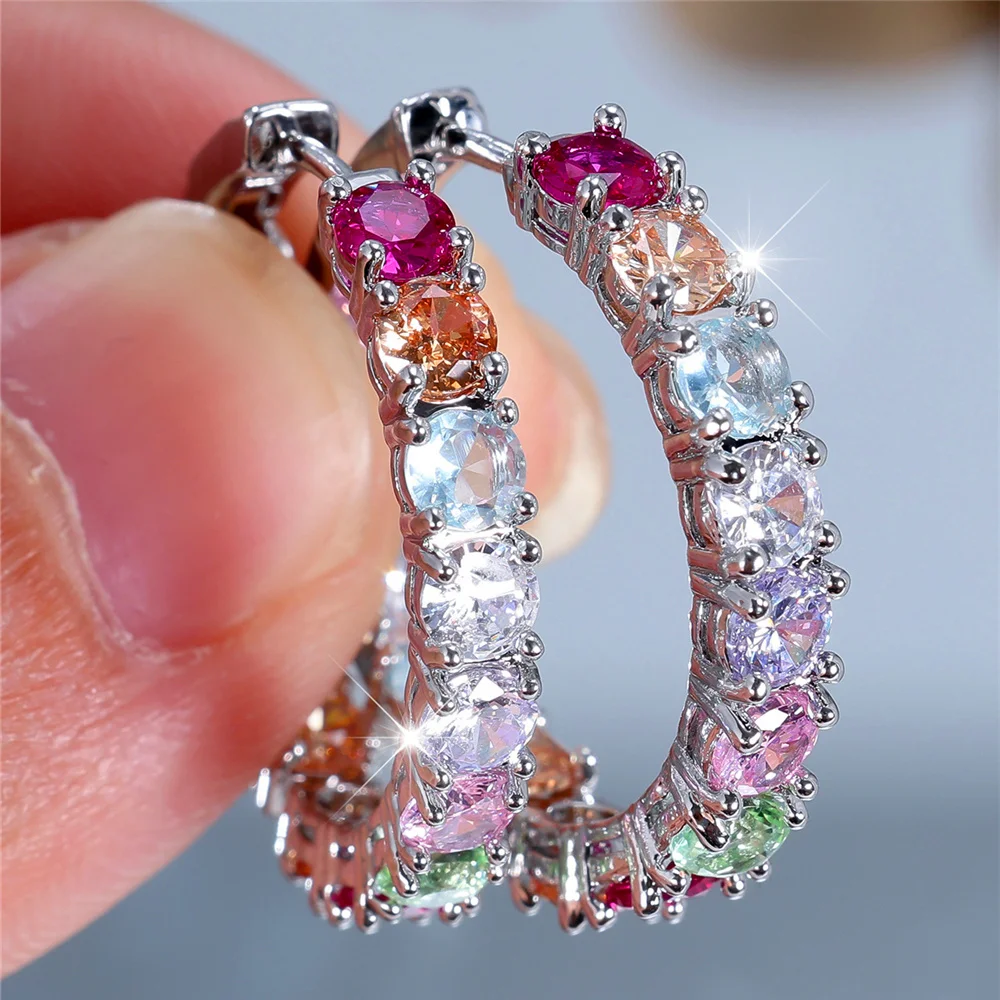 Charm Female Rainbow Zircon Stone Hoop Earrings Silver Color Simple Round Wedding Jewelry For Women Ear Buckle