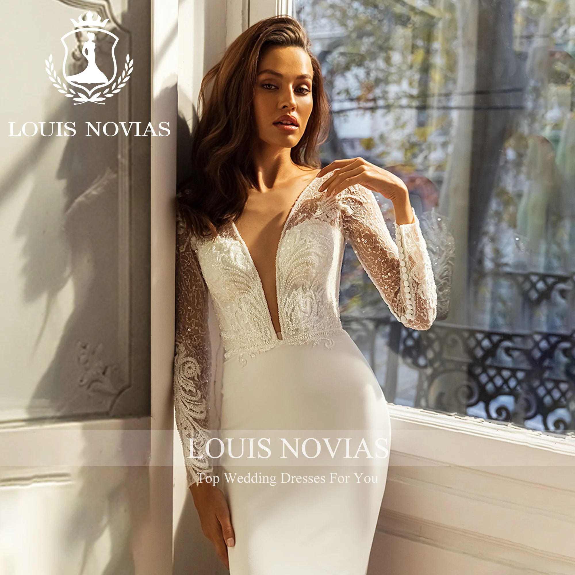 

LOUIS NOVIAS Satin Mermaid Wedding Dresses For Women ElegantStunning Long Sleeve Beading Backless Wedding Gown Vestidos De Novia