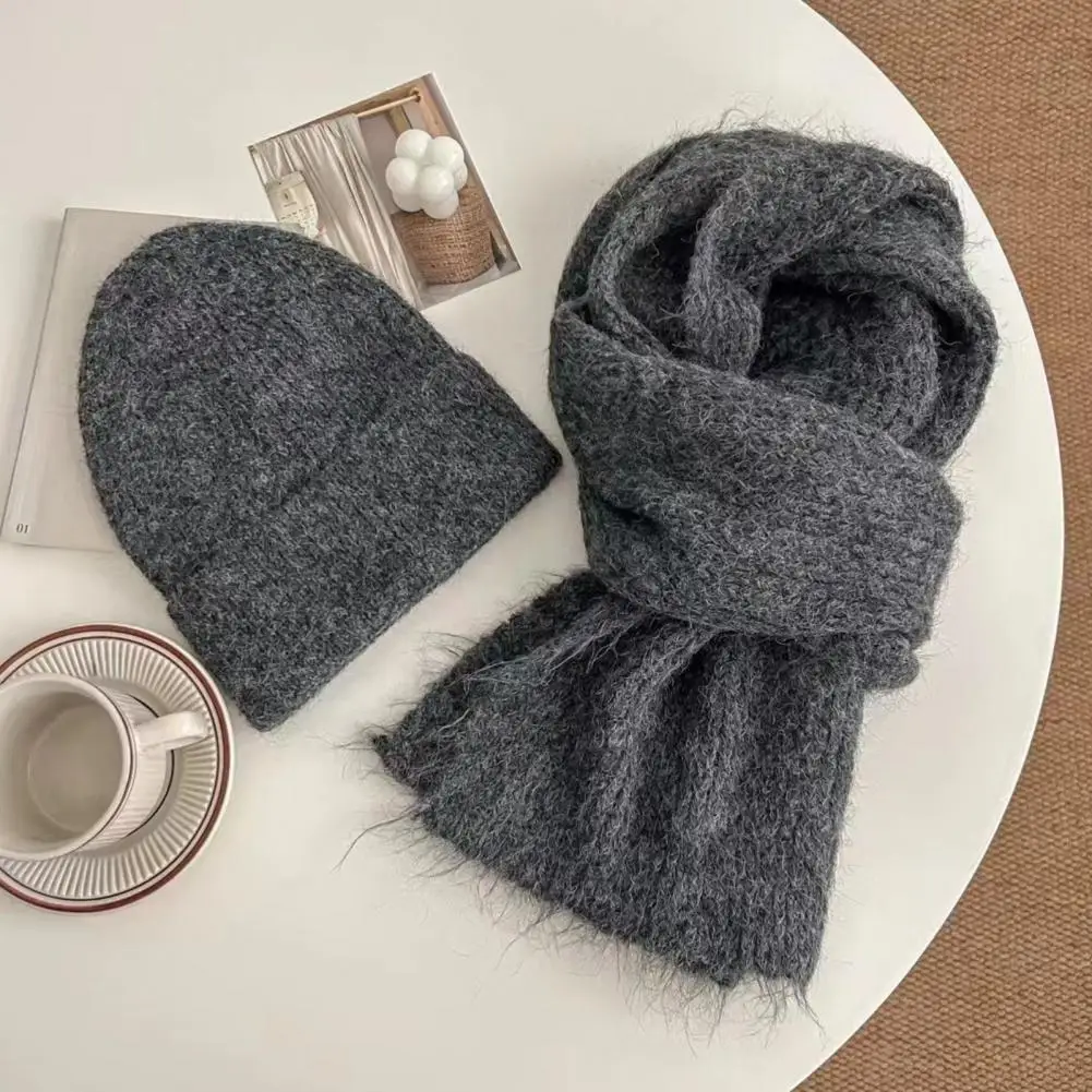 2Pcs Hat Scarf Set Thermal Lined Double-Layer Design Knitted Long Scarf Hat Set Unisex Winter Outdoor Sports Wear