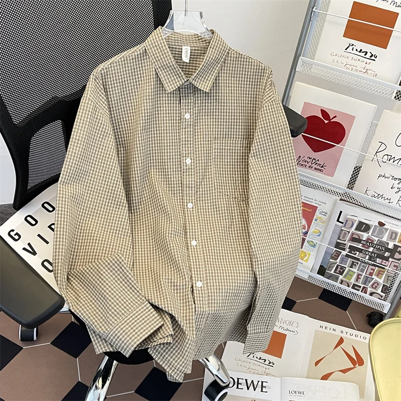 

Retro Japanese Sle Pure Cotton Men's irt Autumn Loose Casual Faion Small Square id Pattern Outerwear