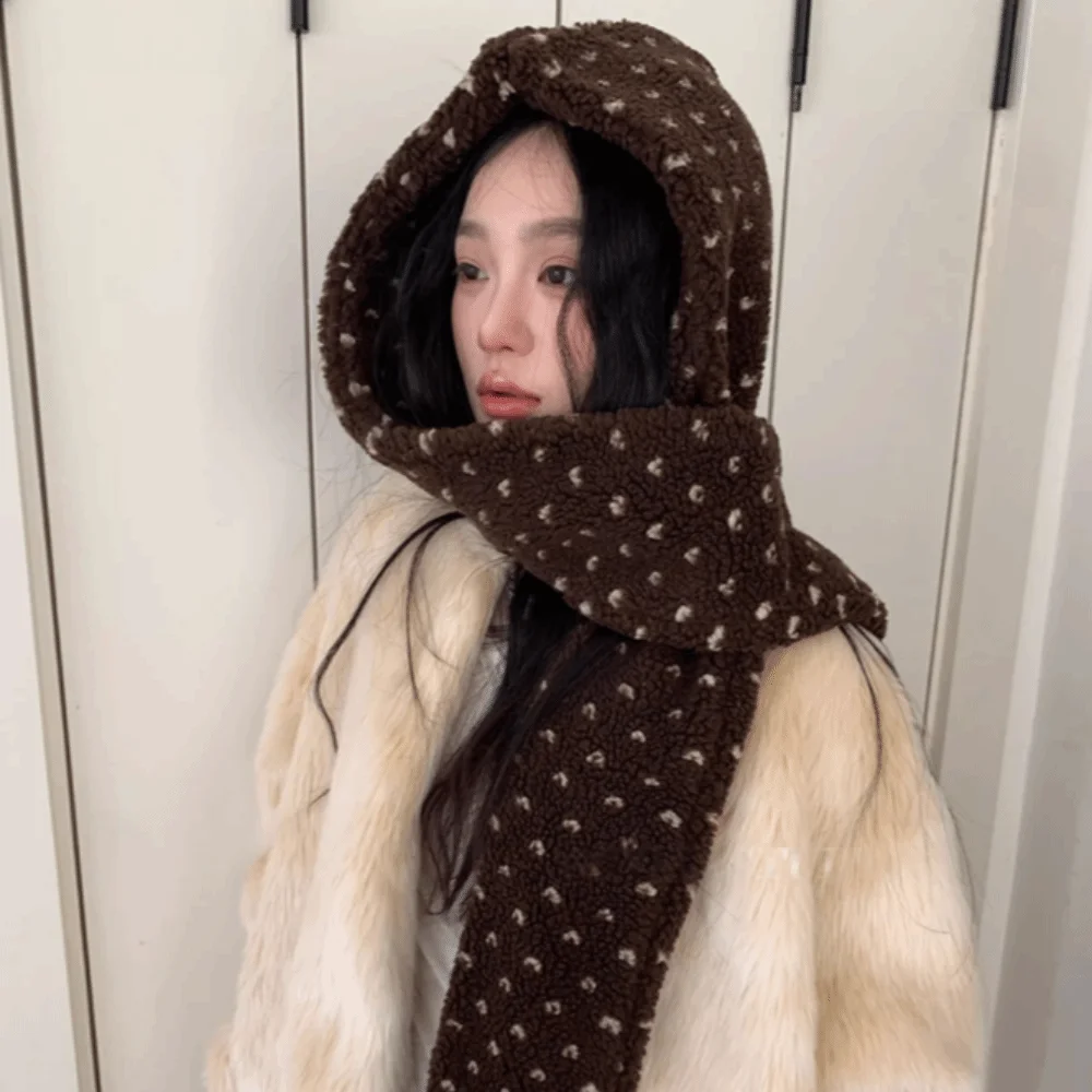 

Windproof Winter Polka Dot Scarf Hat Warm Thickened Balaclava Pullover Hats Ear Protection Lamb's Wool Plush Beanies Skiing