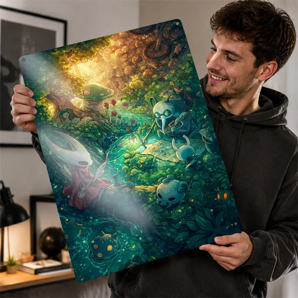 Hollow Knight Characters in a Forest Stream Personalized 3D Textured Metal Poster Wall Art Tinplate Sign for Wand Deko Decor Tin