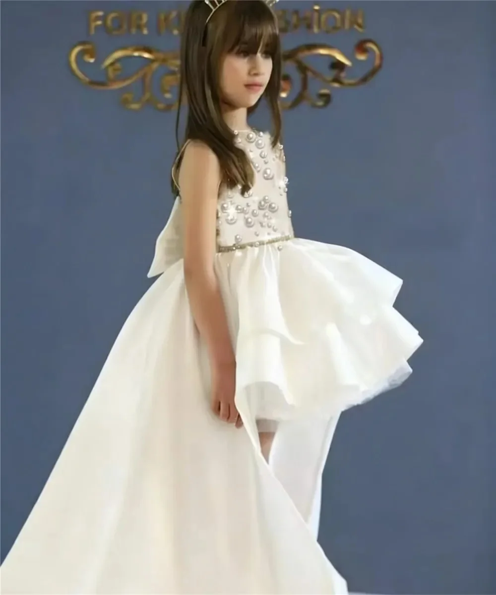 Blumenmädchen-Hochzeitskleid für Hochzeiten Ärmellos mit Perlenbesatz Mehrlagiges Kinder-Geburtstagskleid Erstkommunion Ballkleid Maßanfertigung