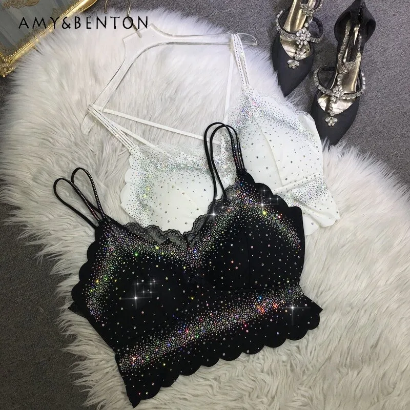 

Ladies Summer Backless Beauty Back Inner Camisoles Heavy Craft Diamond Drills Smooth Wrap Chest Lace Thin Strap Oversized Slings