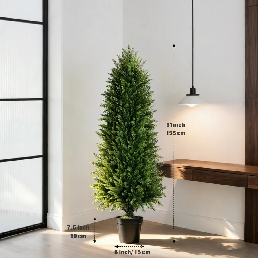5Feet Artificial Cedar Topiary Trees 2 Pack UV Resistant Fake Ever Shrubs with Extra Dense Foliage, Odorless Potted Faux Plants