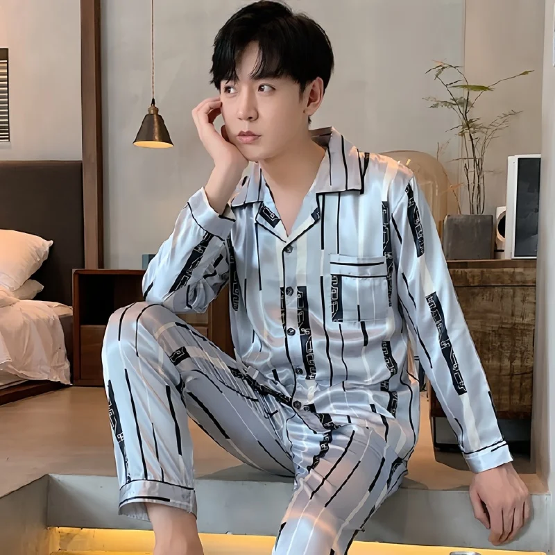 الربيع الصيف الجليد بيجامة من الحرير للرجال حجم كبير المتسكعون مجموعات الجاكار سترة ملابس خاصة محاكاة الحرير بيجامة مجموعات الرجال