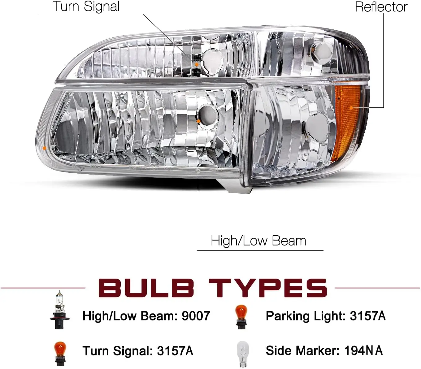 4-Pack Halogen Headlight Assembly with Corner Lights Replacement for 1995-2001 Ford Explorer & 1997 Mercury Mountaineer - Chrome