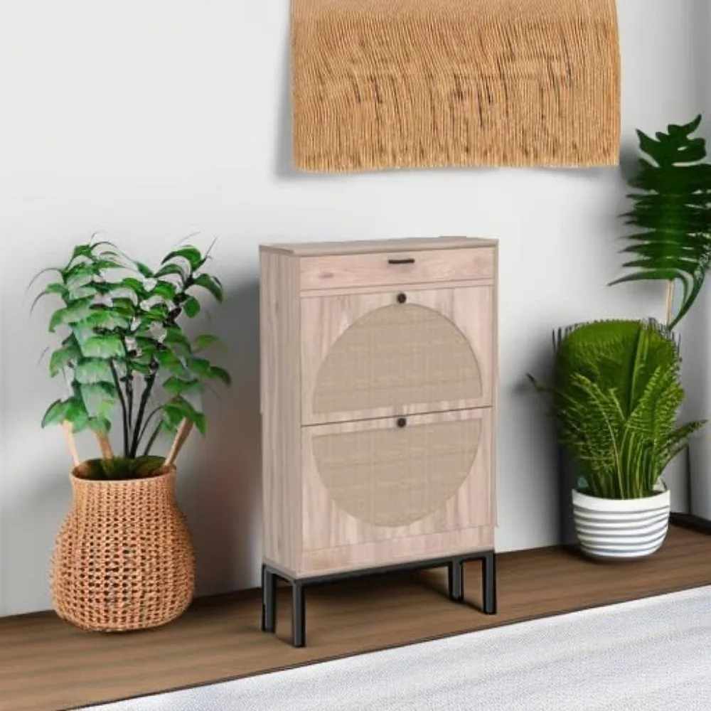 Shoe Storage Cabinet with 2 Flip Drawers&1 Small Drawer, Slim Entryway Shoe Organizer with Half Round Woven Rattan Doors