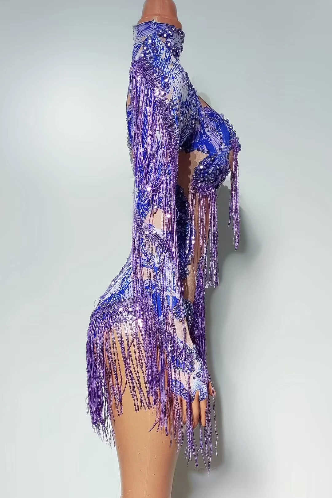 سباركلي حجر الراين الترتر شرابة كم واحد ارتداءها النساء الرقص مرحلة الأداء حفلة ارتداء بار مثير النساء الزي duxiu