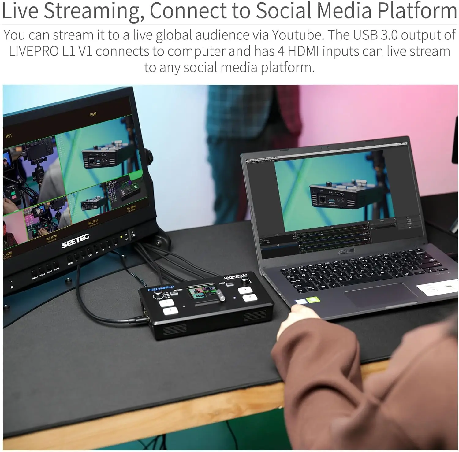 FEELWORLD LIVE PRO L1 V1 multikamera Video Switcher HDMI input Multi-Format Studio Rekam pratinjau kamera Youtube