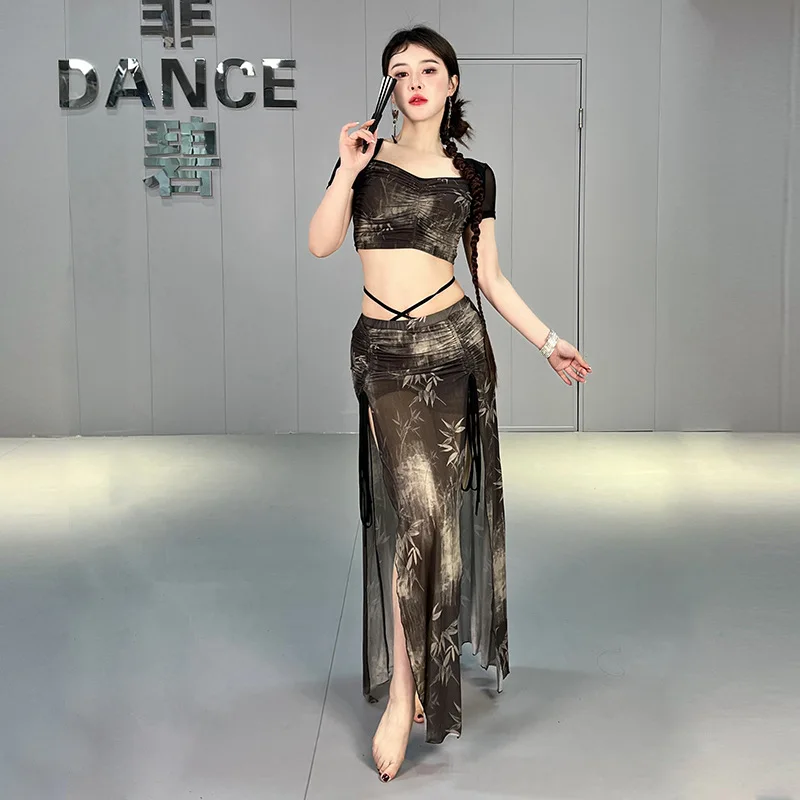 Belly Dance Practice Suit for Women New Oriental Dance Costume Stage Outfit Belly Dance Beginners Sexy Long Skirt Set Ink Style