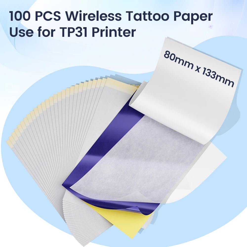 TP31 Tattoo Stencil Paper 80mmx133mm Transfer Tattoo Paper DIY Artist Easy to Use for Tattoo Thermal Printer, 100 Sheets