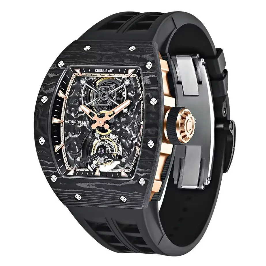 CRONUSART Men Tourbillon Watch Tonneau Mechanical Wristwatch Carbon Fiber Luminous Sapphire Mirror 50m Waterproof FKM Strap