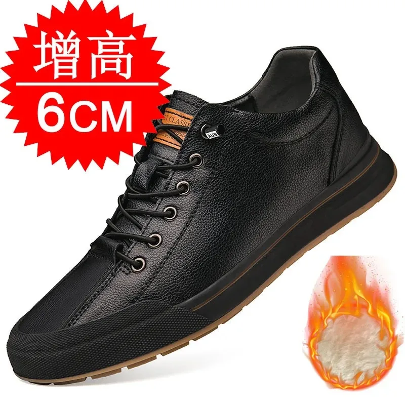 Men's Elevator Sneakers 6cm Height Increasing Casual Shoes Winter Fleece Lining Leather Taller Shoes