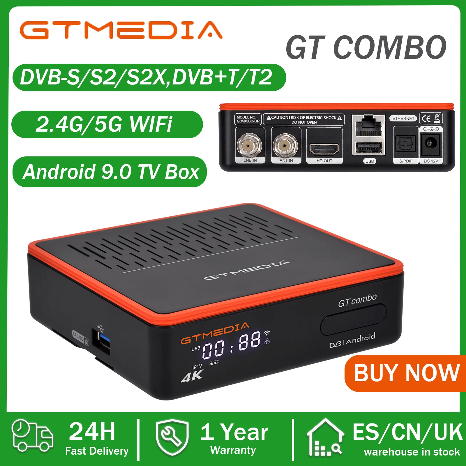 

GTMEDIA GT COMBO Android 9.0 Satellite Receiver 4k UHD DVB-T/T2 ISDB-T Built-in 2.4G/5G WIFI BT4.1 TV Box
