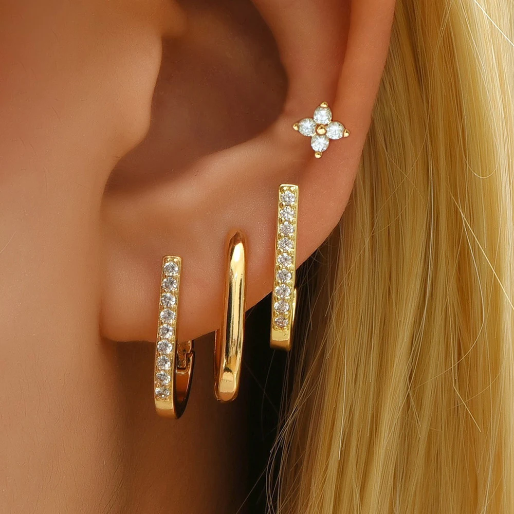New Arrival 4PCS Luxury Fashion Hoop Earrings Set For Women Geometric Zircon Huggie Punk Unisex Rock Earring Piercing Jewelry