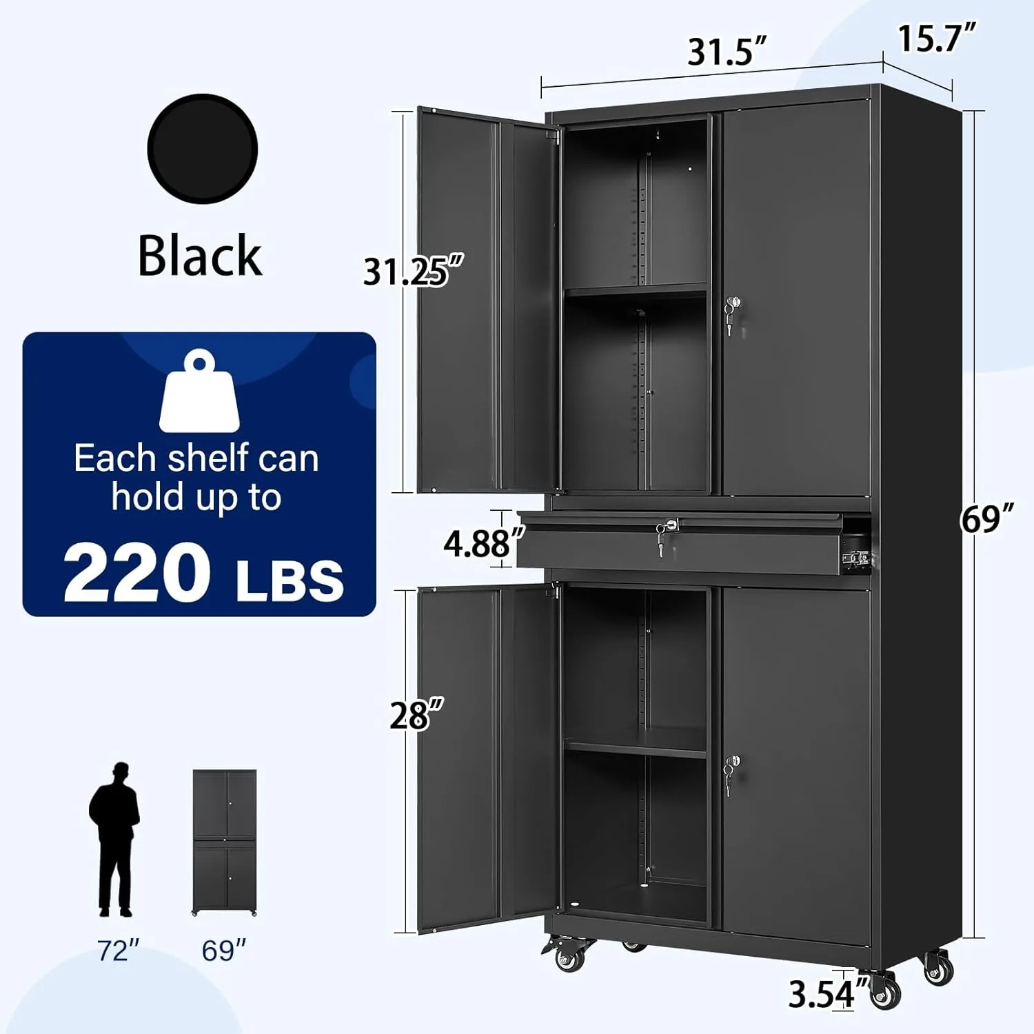 Armoire de rangement de garage en métal avec portes verrouillables, étagères réglables, armoire de rangement pour outils roulants, 4 roues, 1 MELarmoire