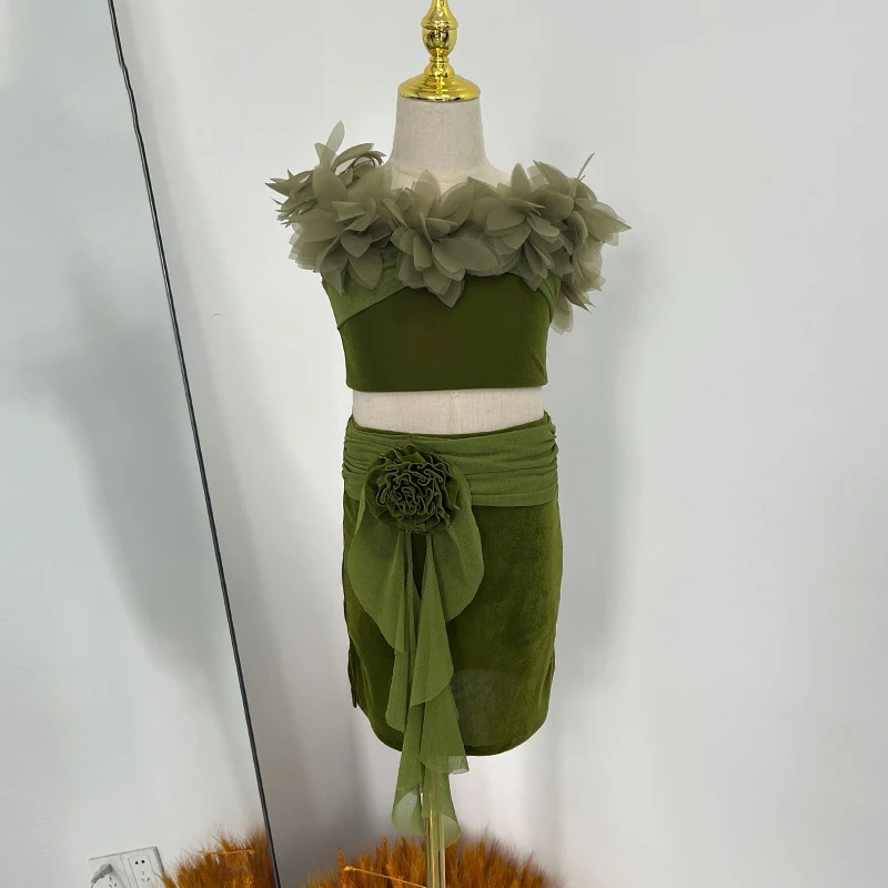 

Green Latin Dance Clothes Summer Girls Floral Short Tops Skirt Cha Cha Rumba Dance Performance Costume Kids Latin Dress BL15761