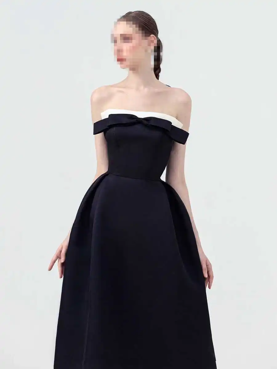 

2025 New Black White Contrast Color Knot One Shoulder Sexy Slimming Bustier Evening Gown Elegant High Waist A-Line ...