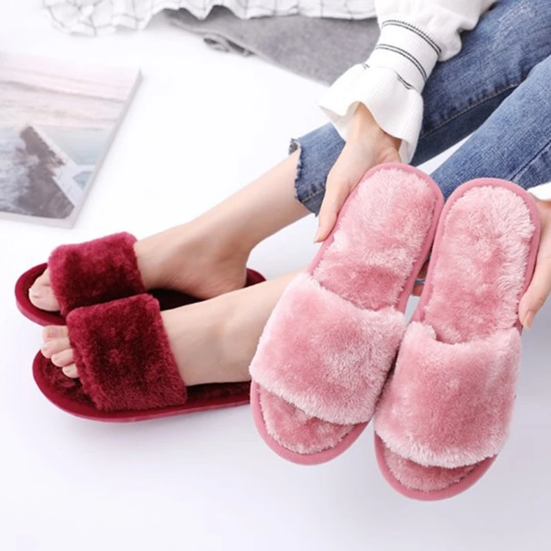 1 Pair Women Slippers New Fashion Plush Shallow Mouth Indoor Outdoor Flip-flop Casual Bedroom Solid Color Slides Shoes