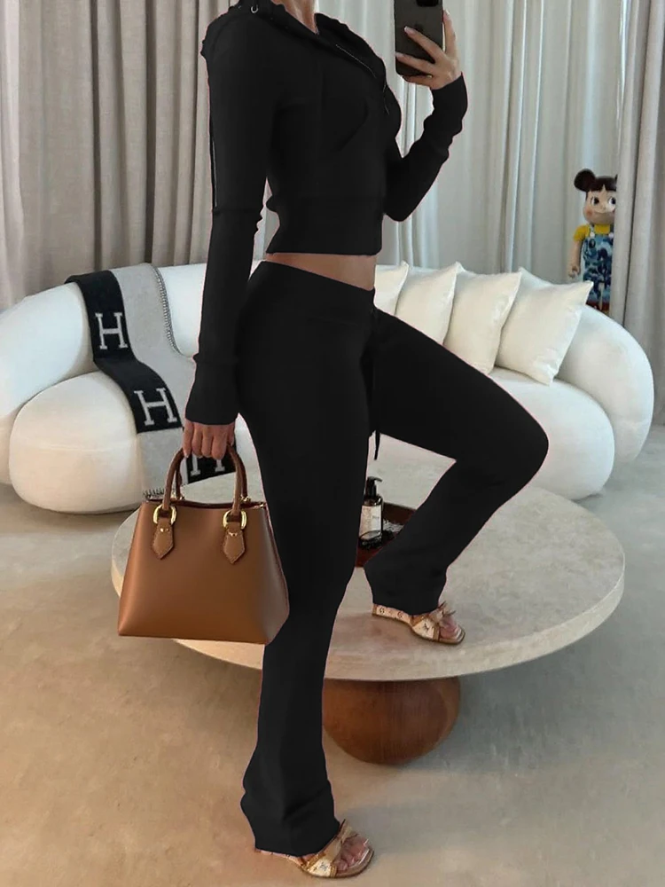 

kliou Casual Tracksuits Women Autumn New Sporty 2 Piece Set Simple Solid Zip-up Crop Hooded Tops+High Waist Pants Elastic Outfit