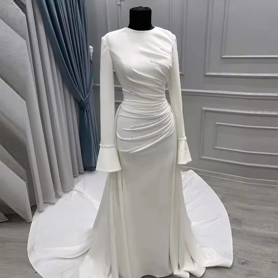 Round Neck Matte Satin Flare Sleeve Diagonal Ruched Beaded Bridal Gown Modest Mermaid Wedding Dress Customized