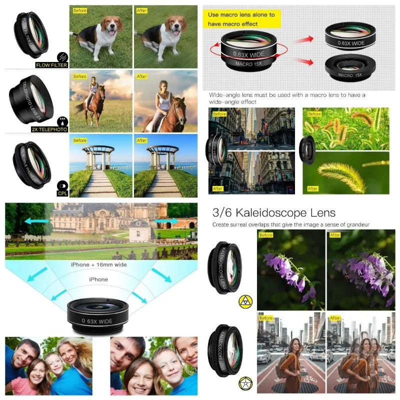 2025 جديد HD 7 في 1 /15 في 1 مجموعة عدسات الهاتف زاوية واسعة ماكرو عين السمكة العالمي 10 في 1 مجموعة ل 95% الهواتف الذكية عدسة المقربة
