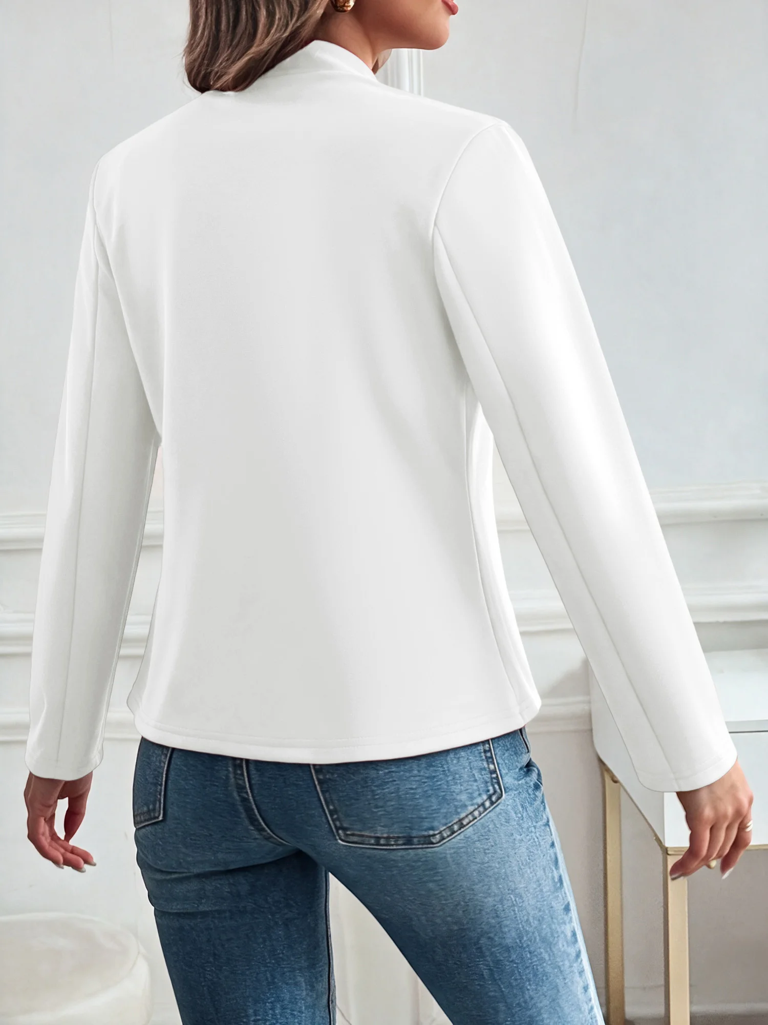 Elegant Women Solid Color Long Sleeve Open Blazer Minimalist Stand Collar Business Casual Thin Outer Coat