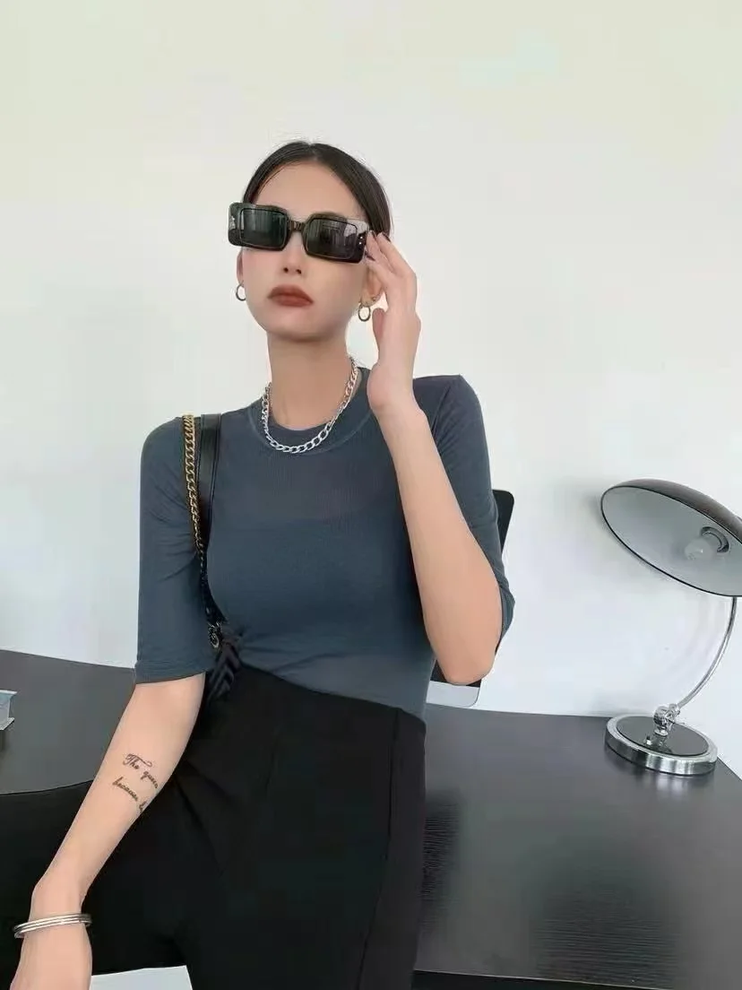 

Женская сексуальная тонкая прозрачная футболка с коротким рукавом, эластичный базовый однотонный топ, облегающий повседневный топ для ночных мероприятий и вечеринок