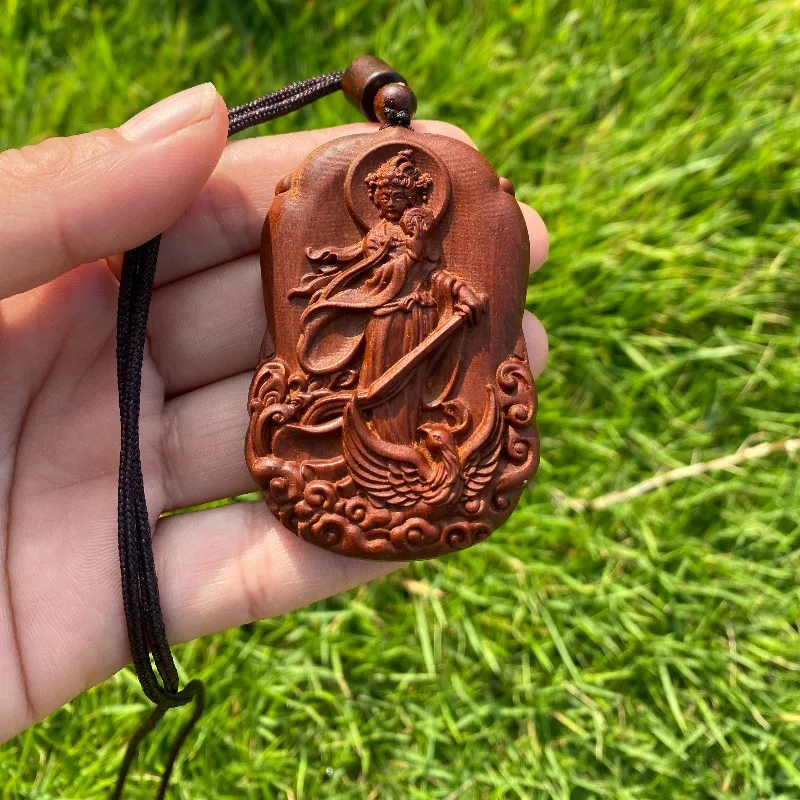 Hand-Carved Jujube Wood Nine Heavens Mysterious Lady Pendant - 2.5