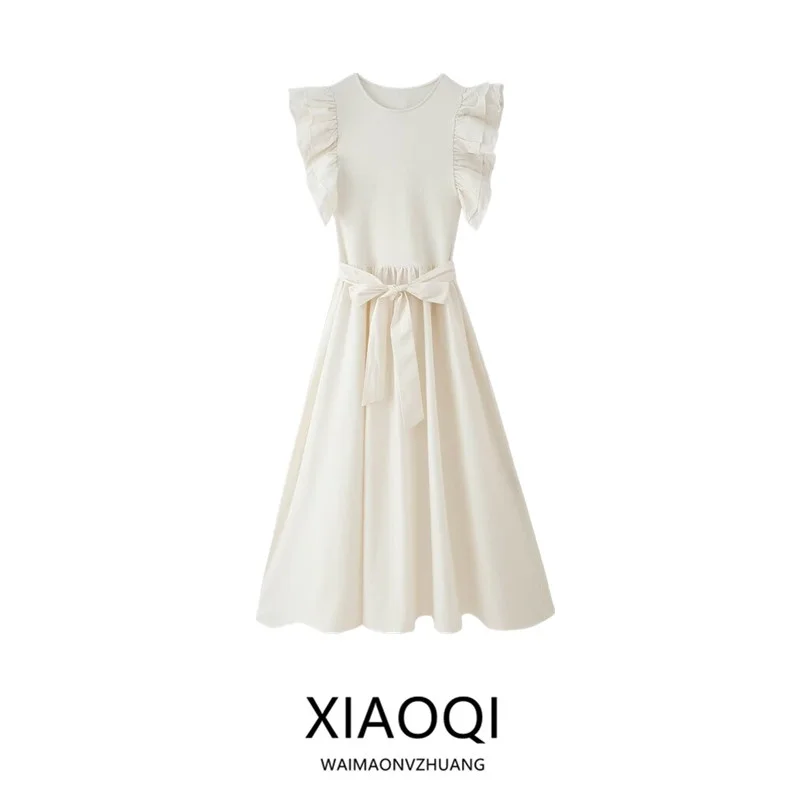 Vestido F Novo de Verão 2025 com Cinto em Camadas, Decote Redondo, Patchwork, Estilo para o Trabalho, Sem Mangas, Peça...