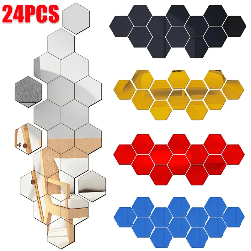 24/6Pcs Mini Mirror Wall Stickers Acrylic Self Adhesive Removable Hexagon Wall Decals For DIY Living Room Bedroom Home Decor