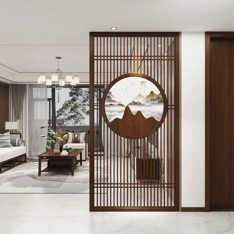 New Chinese-style solid wood entrance entrance screen partition living room office door block modern simple grille seat screen