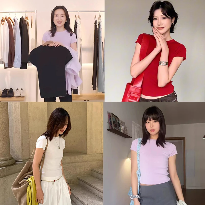 

Универсальная женская трикотажная футболка с коротким рукавом и круглым вырезом из виноградного волокна, весна-лето, модная, повседневная, приталенная, для ежедневной носки