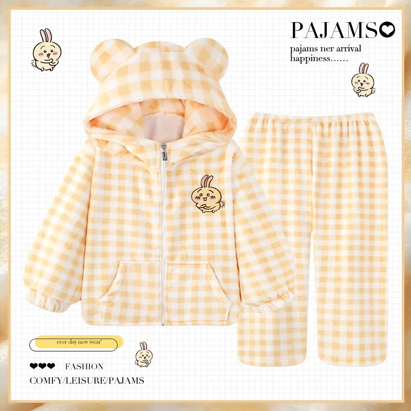 2 Stück Anime Chiikawa Pyjamas Mädchen Winter Pyjama-Set Usagi Samt Verdickte Heimkleidung Warme Damen-Pyjamas Flanell Homewear