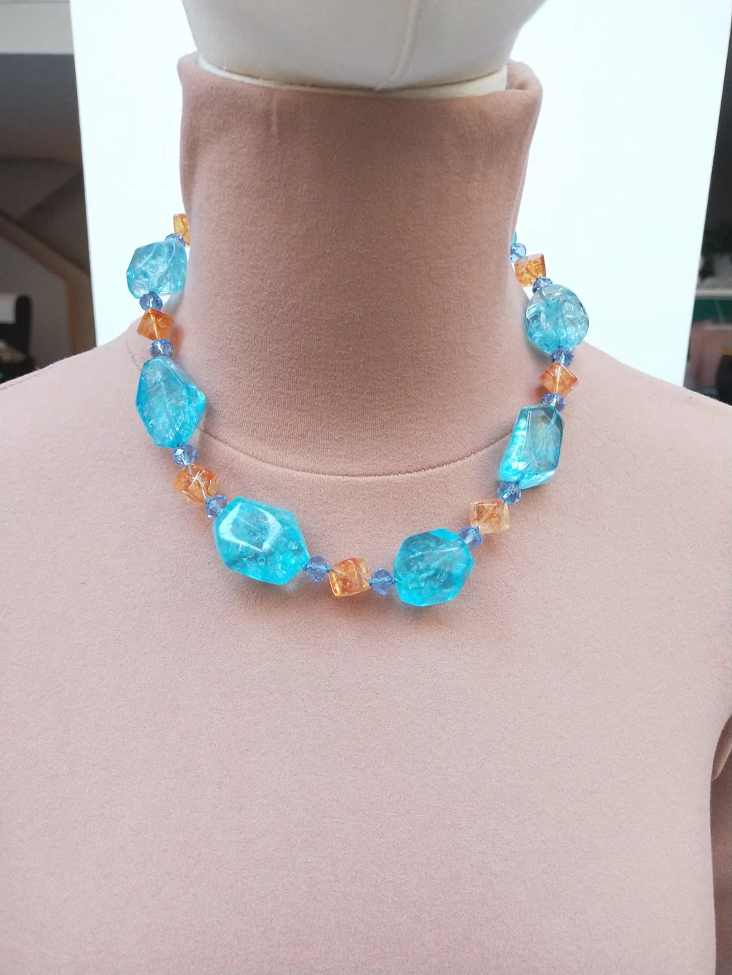 Lii Ji Real Stone Blue Crystal Orange Color Necklace 50cm Quartz Choker Women Summer Necklace