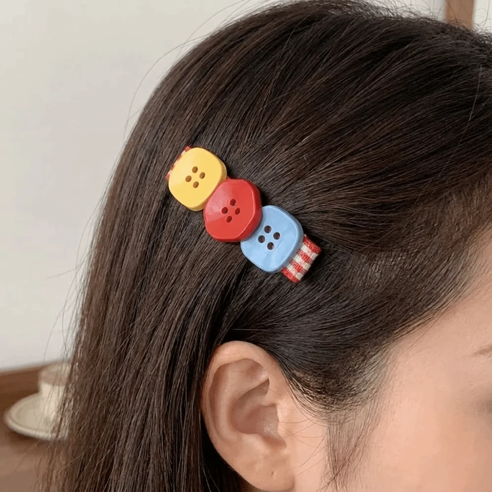 2 pcs/set New Resin Button Hair Clips Small and Cute Color Block Bangs Clip Red Blue Plaid Colorful Headdress Party