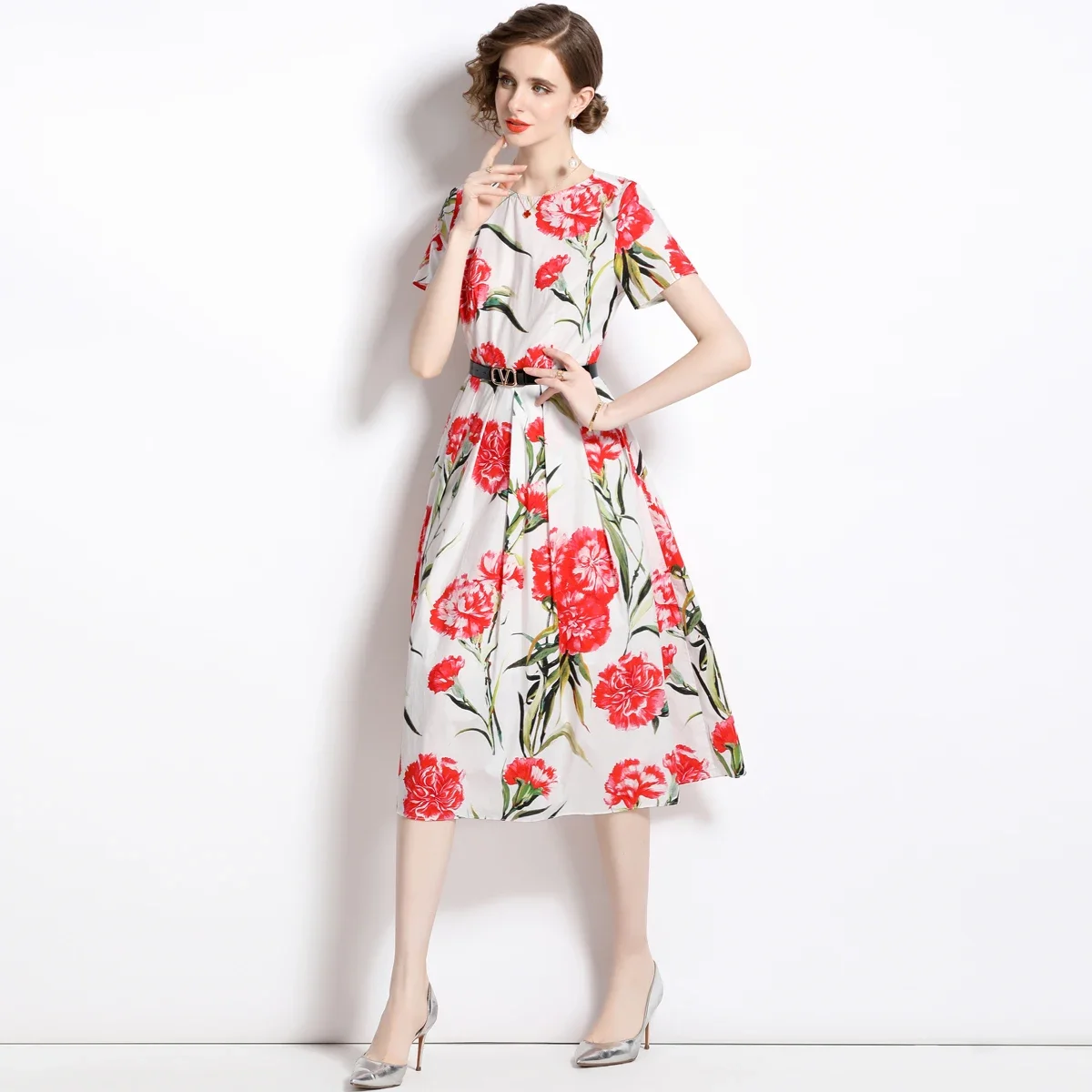 

Sexy Summer Dress Vintage Mid-rise Short-sleeved Waist Skirt with New Printed Round Neck Vestido Feminino