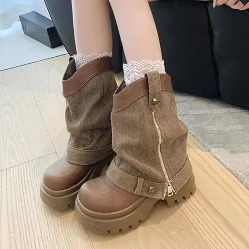 

2026 Platform Cowboy Women's Boots Mid Heels Designer Mid Calf Shoes Fashion New Motorcycle Boots Walking Trend Mujer De Botas
