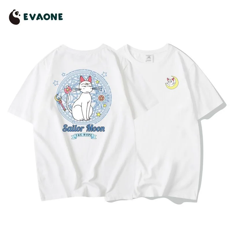 Sailored Moon Printed T Shirt 100% Cotton Cartoon Anime Luna Cat Summer T shirts Women Oversize Loose Magic Formation Tees Top