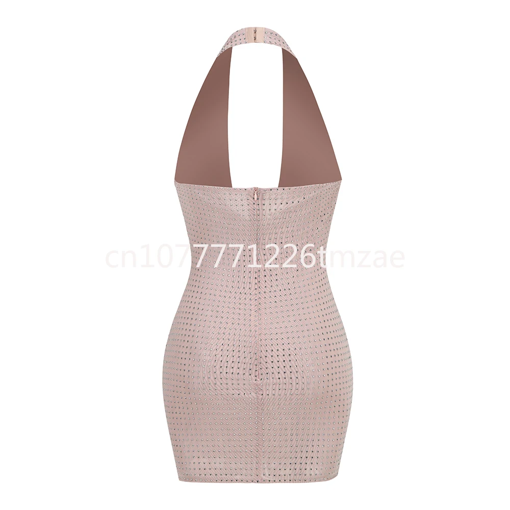 2024 New Summer Women's Clothes Sparkling No Back Diamond Mesh Mini Skinny Dress Sexy V-neck Party Club Long Sleeve Dress