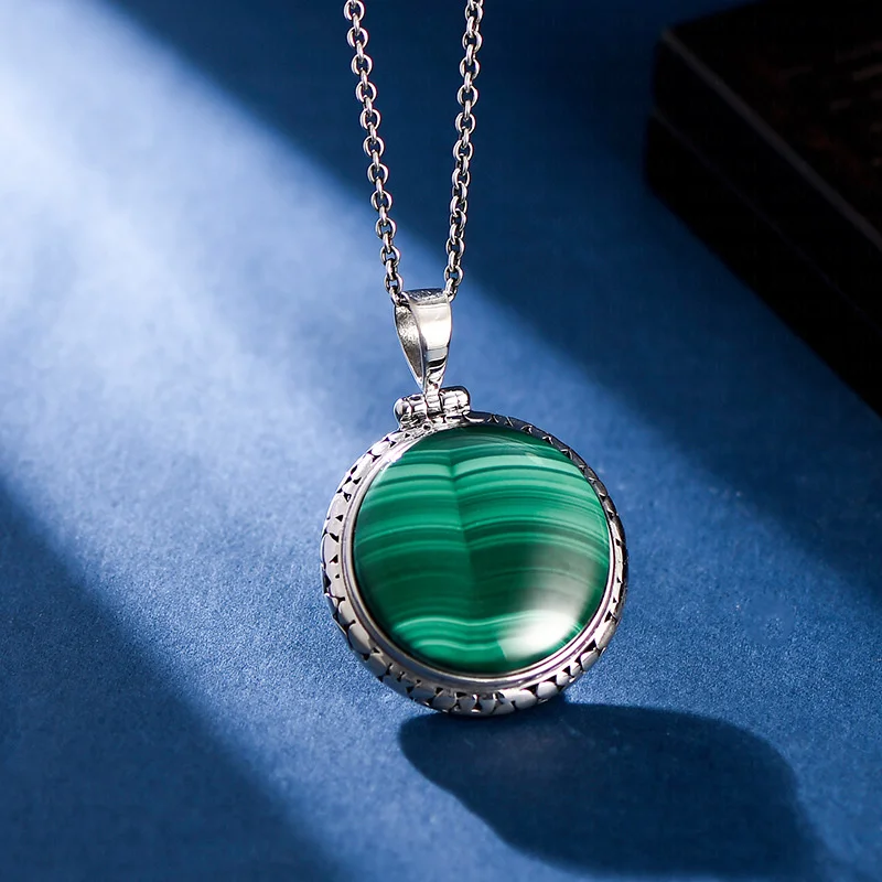 

S925 Sterling Silver Charms Pendants for Women Men New Fashion Hollow Pattern Inlaid Round Malachite Jewelry Free Shipping