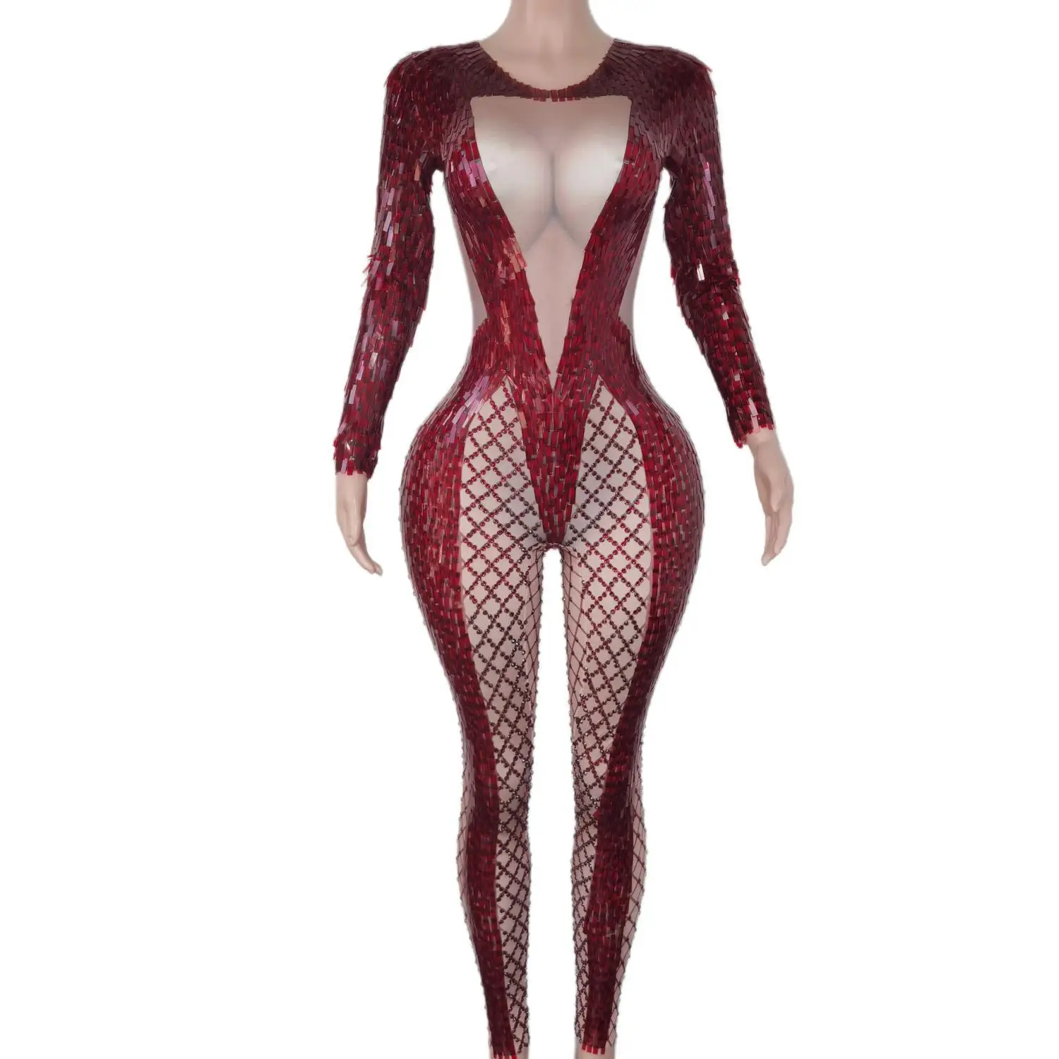 Shiny Sequin Red Fishnet Jumpsuit Headwear Sets Sexy Women Birthday Celebration Party Outfits Stage Drag Queen Unitard X2011024