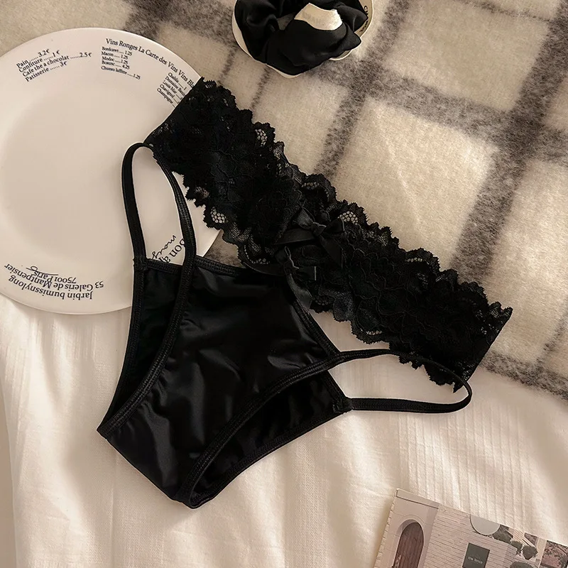 

Cross Belt Lace Transparent Sexy Underpants Women's Low Waist Mesh Hollowed Bow Panties Cotton Breathable Briefs Lingerie