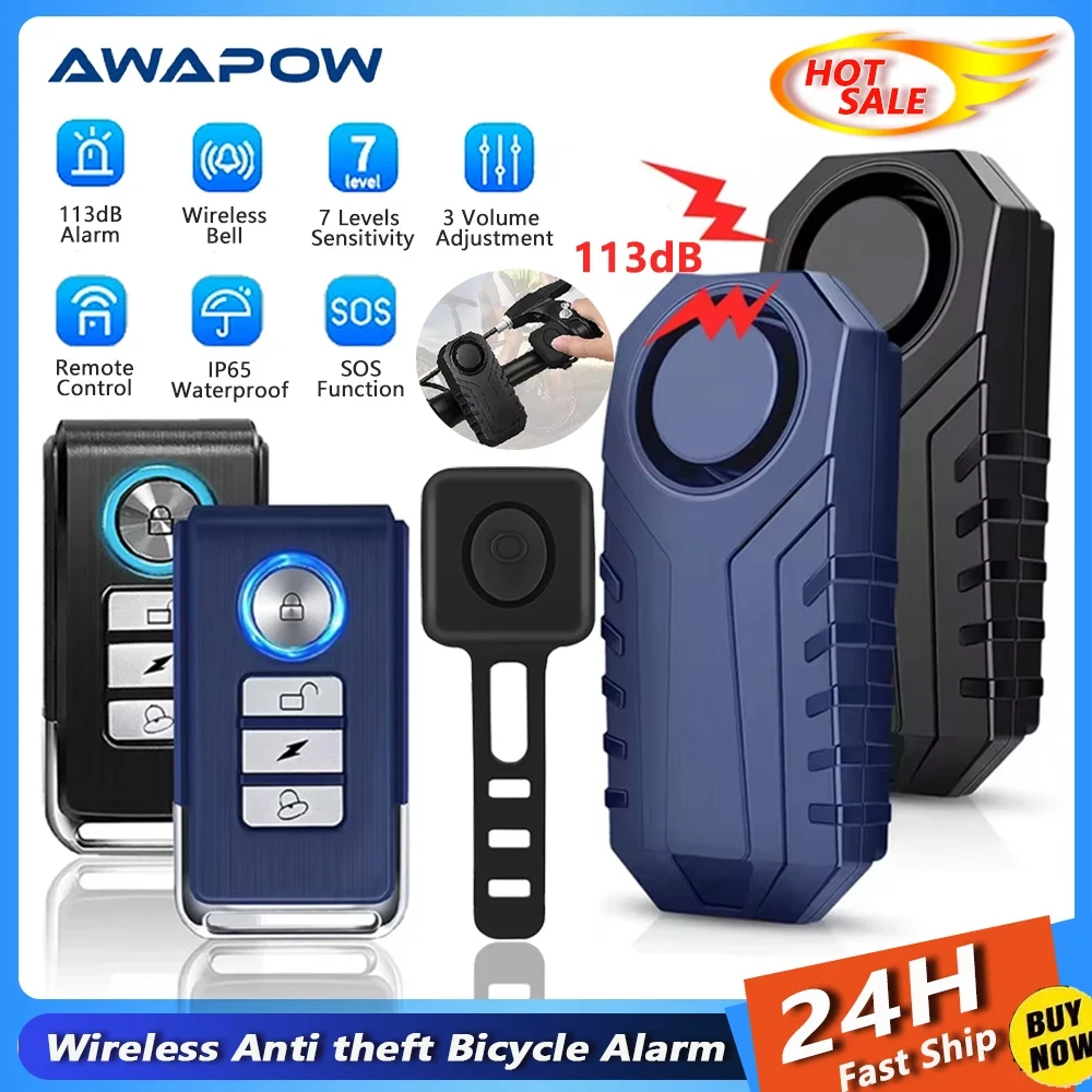 Awapow Bicycle Alarm Wireless Remote Control Electric Scooter Bike Anti theft Alarm 113dB Waterproof Motorcycle Security Burglar