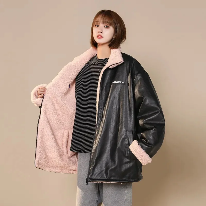 Women Leather Cotton-Padded Clothes On Both Sides In Autumn And Winter New Lamb Plush Cotton-Padded Jacket Coat Motorcycle Suit